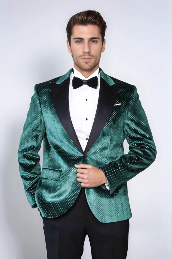 Sparkling Dotted Peak Lapel Men's Green Tuxedo Jacket - Wessi