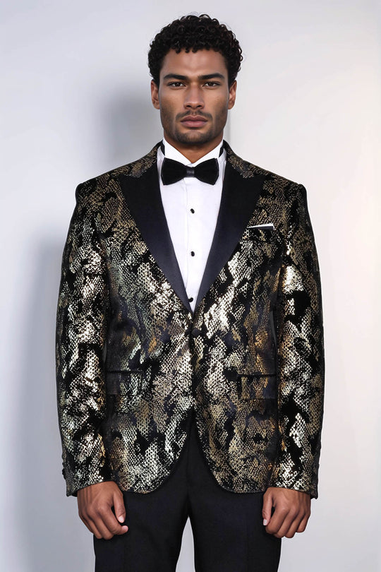 Blazer da ballo da uomo nero con motivo slim fit con risvolto a lancia