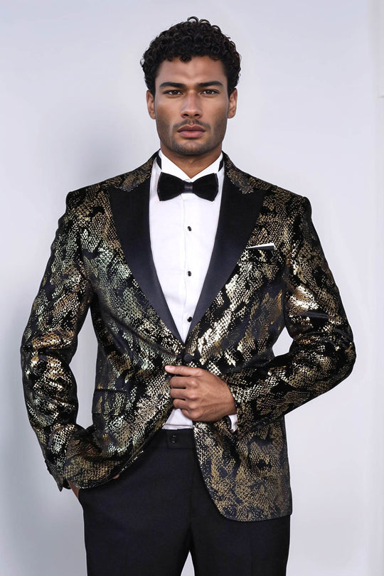 Peak Lapel Slim Fit Gold Patterned Black Men Evening Blazer | Wessi Wessi - Discover Diversity Peak Lapel Slim Fit Gold Patterned Black Men Evening Blazer | Wessi Wessi - Discover Diversity