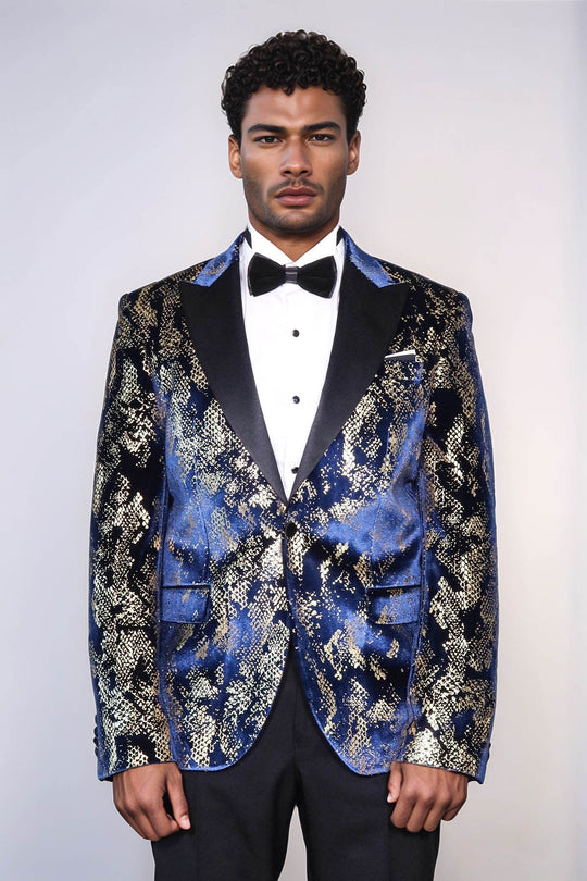 Peak Lapel Slim Fit Gold Patterned Navy Blue Men Party Blazer
