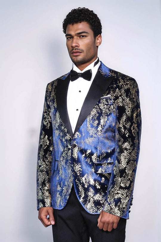 Peak Lapel Slim Fit Gold Patterned Navy Blue Men Party Blazer