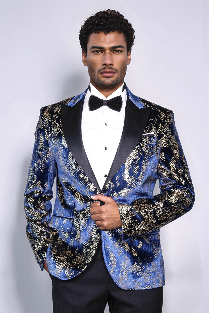 Peak Lapel Slim Fit Gold Patterned Navy Blue Men Party Blazer