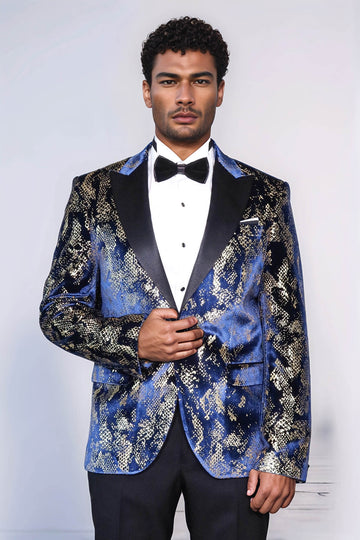 Peak Lapel Slim Fit Gold Patterned Navy Blue Men Party Blazer