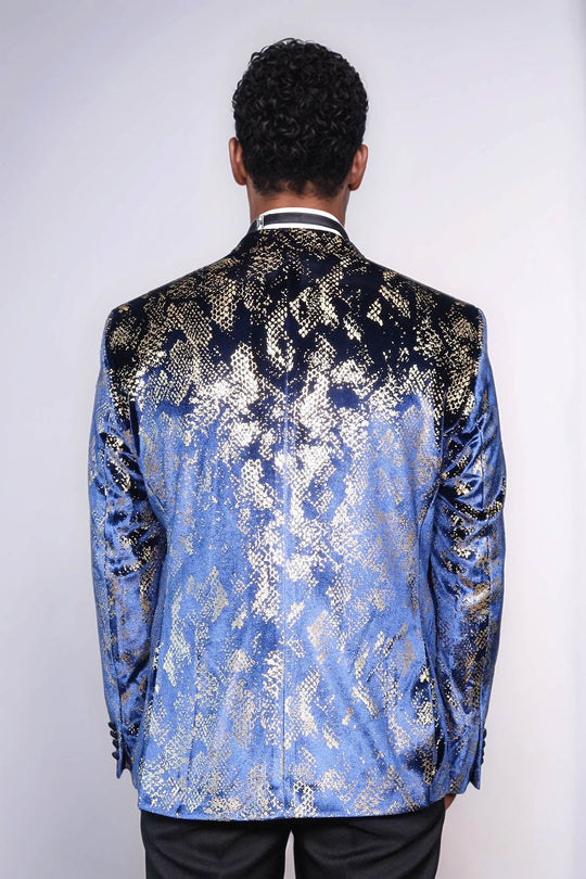 Peak Lapel Slim Fit Gold Patterned Navy Blue Men Party Blazer