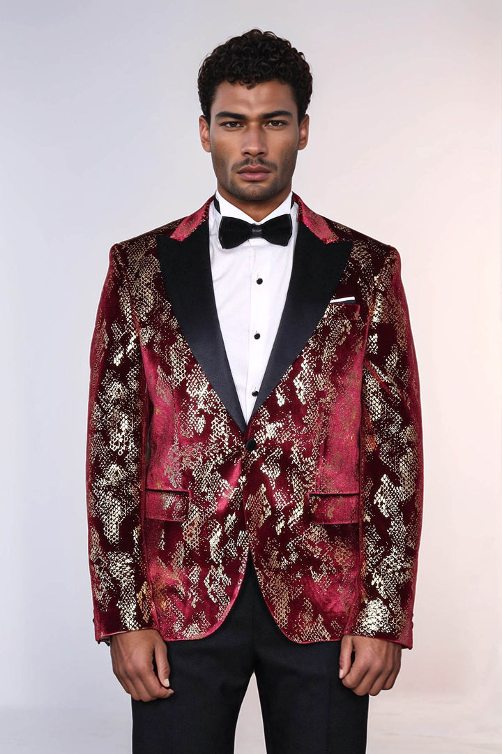 Peak Lapel Slim Fit Gold Patterned Burgundy Men Party Blazer - Wessi