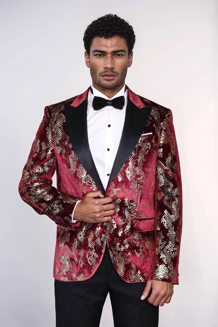 Peak Lapel Slim Fit Gold Patterned Burgundy Men Party Blazer - Wessi