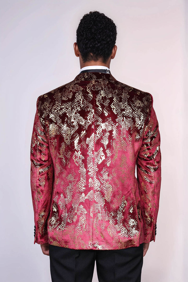 Peak Lapel Slim Fit Gold Patterned Burgundy Men Party Blazer - Wessi