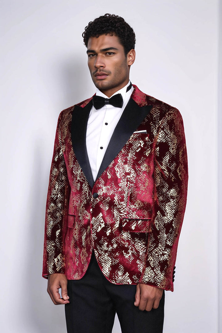Peak Lapel Slim Fit Gold Patterned Burgundy Men Party Blazer - Wessi