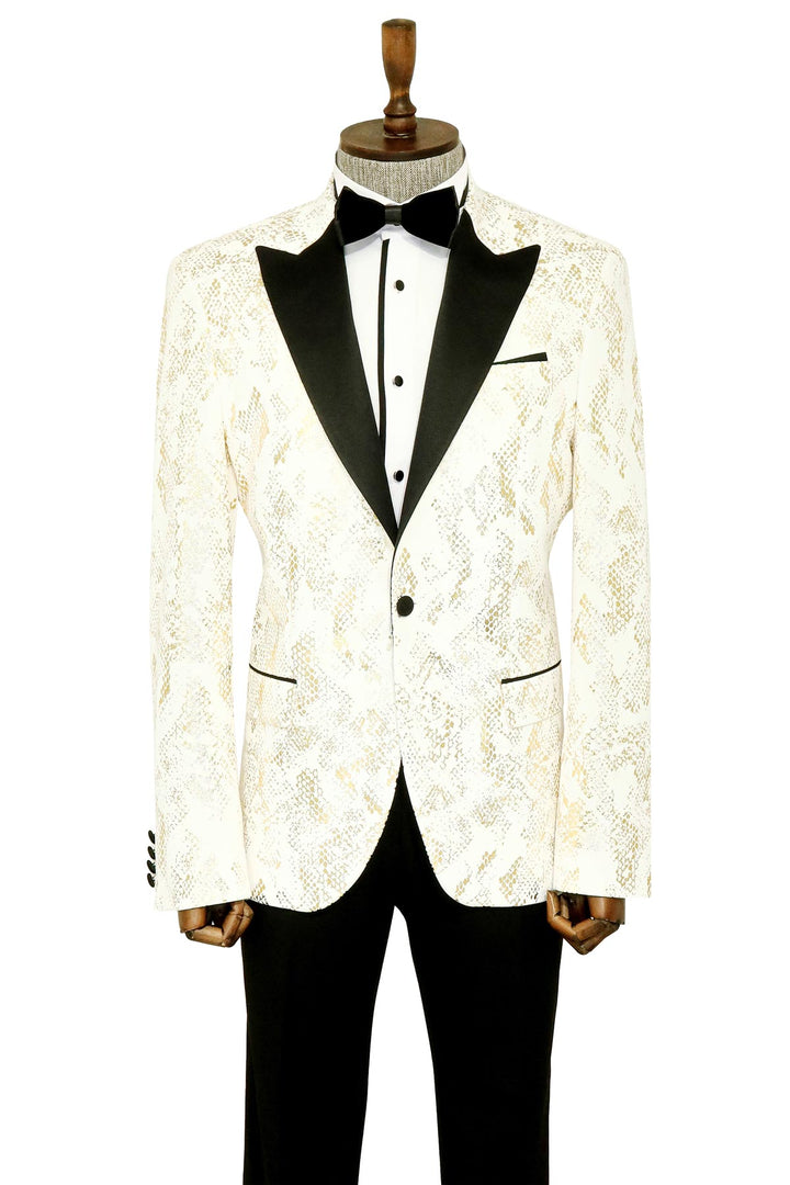 Peak Lapel Slim Fit Gold Patterned White Men Prom Blazer