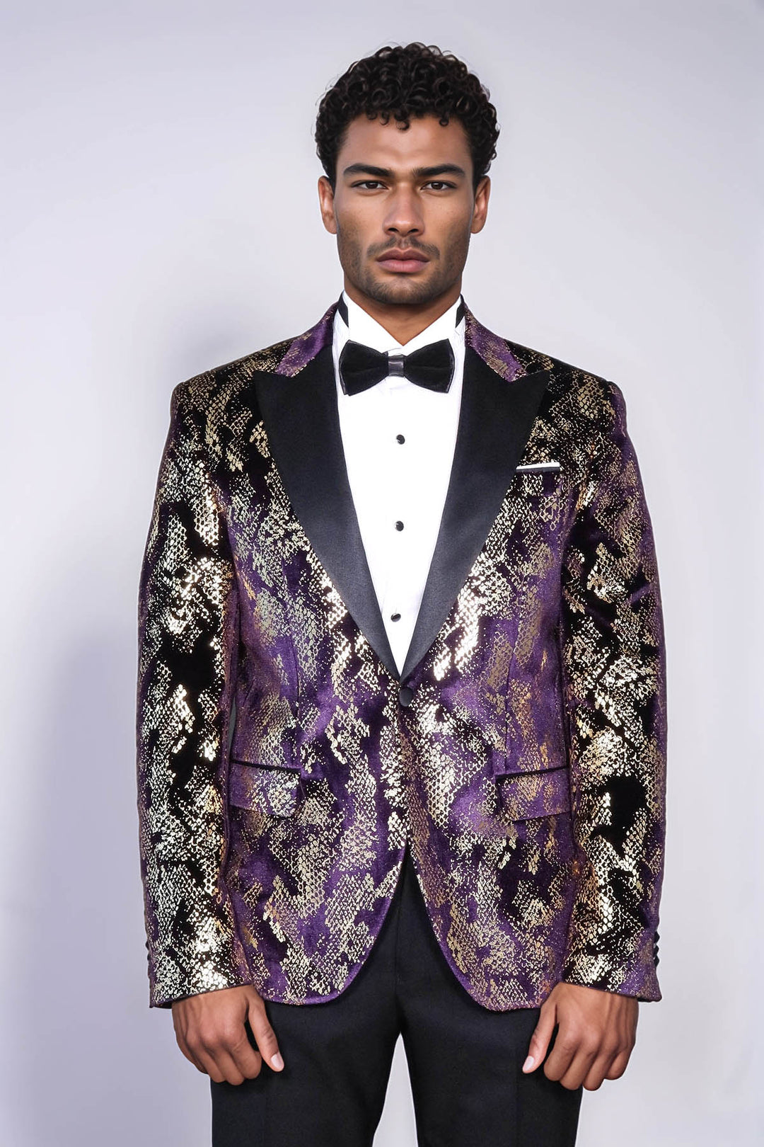 Peak Lapel Slim Fit Gold Patterned Purple Men Singer Tuxedo Blazer