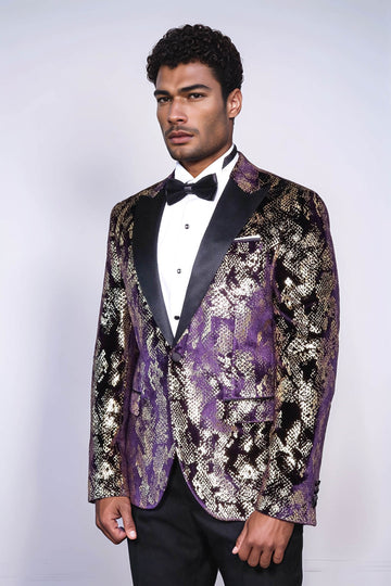 Peak Lapel Slim Fit Gold Patterned Purple Men Singer Tuxedo Blazer