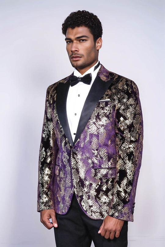 Peak Lapel Slim Fit Gold Patterned Purple Men Singer Tuxedo Blazer