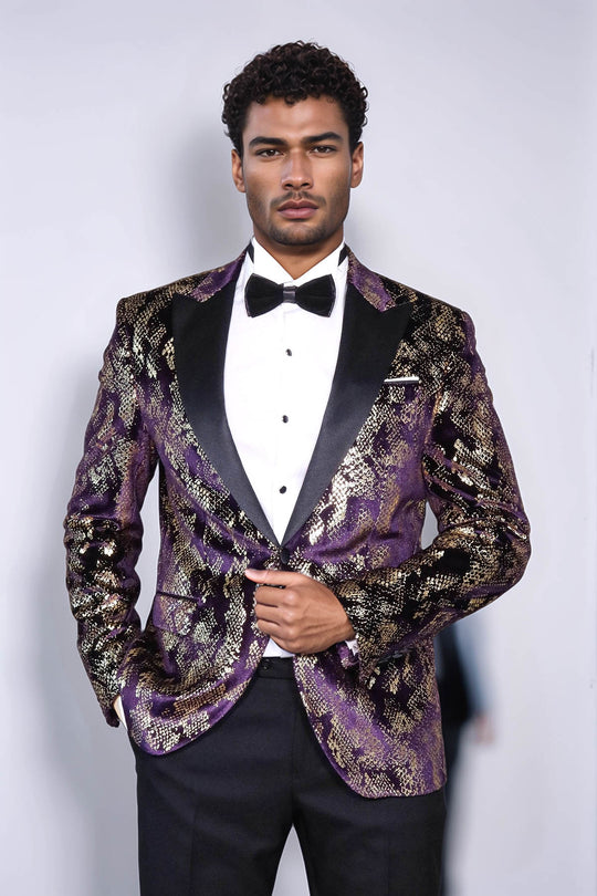 Peak Lapel Slim Fit Gold Patterned Purple Men Singer Tuxedo Blazer | Wessi Wessi - Discover Diversity Peak Lapel Slim Fit Gold Patterned Purple Men Singer Tuxedo Blazer | Wessi Wessi - Discover Diversity