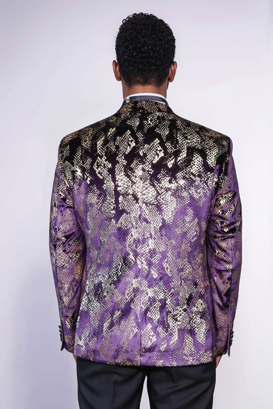 Peak Lapel Slim Fit Gold Patterned Purple Men Singer Tuxedo Blazer | Wessi Wessi - Discover Diversity Peak Lapel Slim Fit Gold Patterned Purple Men Singer Tuxedo Blazer | Wessi Wessi - Discover Diversity