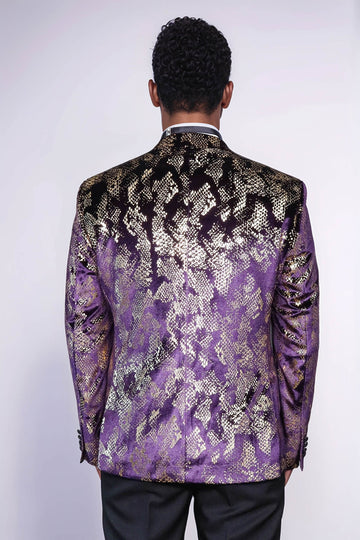 Peak Lapel Slim Fit Gold Patterned Purple Men Singer Tuxedo Blazer