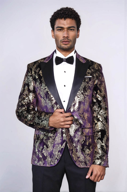 Peak Lapel Slim Fit Gold Patterned Purple Men Singer Tuxedo Blazer