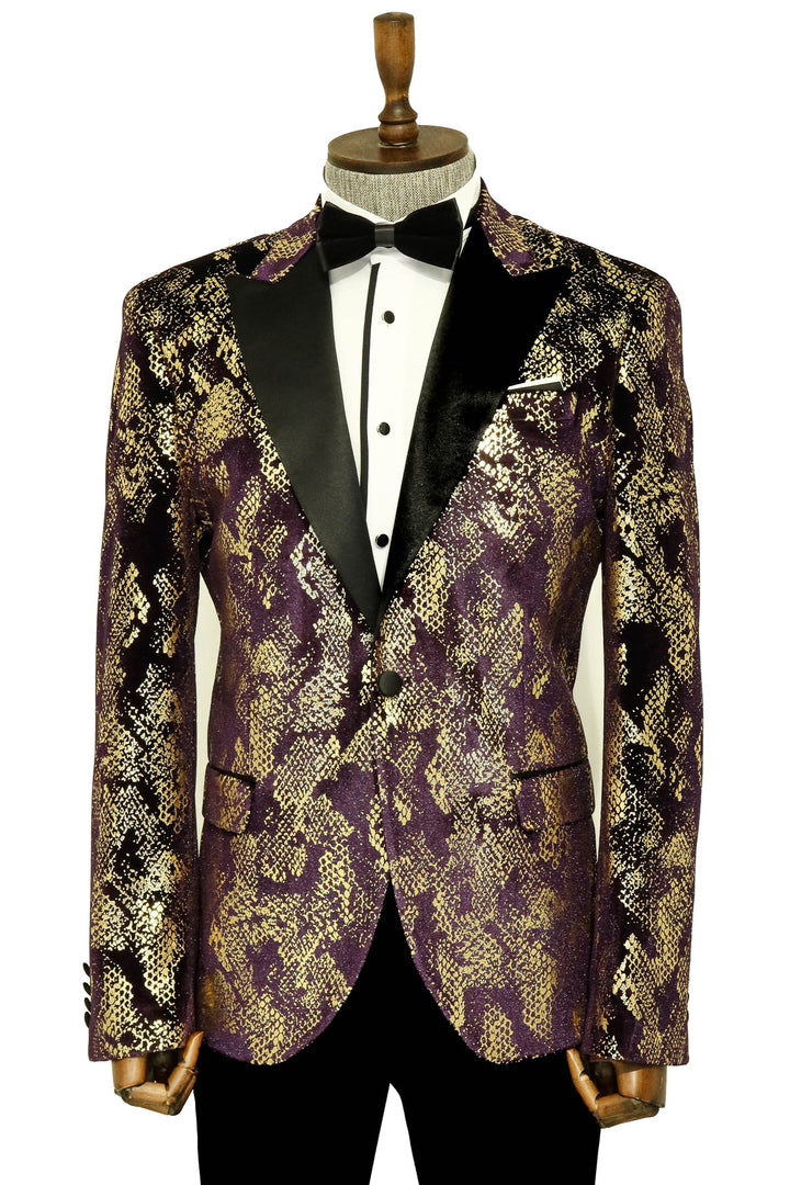 Peak Lapel Slim Fit Gold Patterned Purple Men Prom Blazer