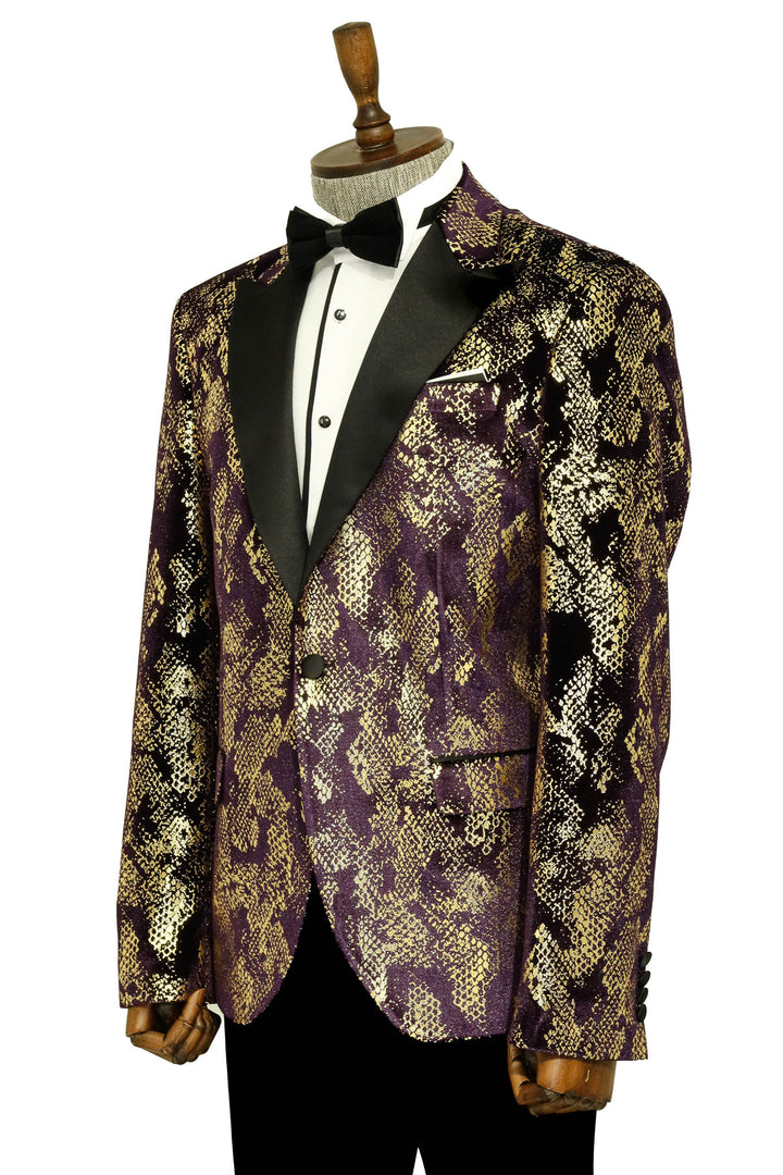 Peak Lapel Slim Fit Gold Patterned Purple Men Prom Blazer