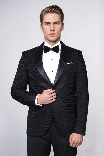 Chaqueta negra con cuello chal estampada-Wessi