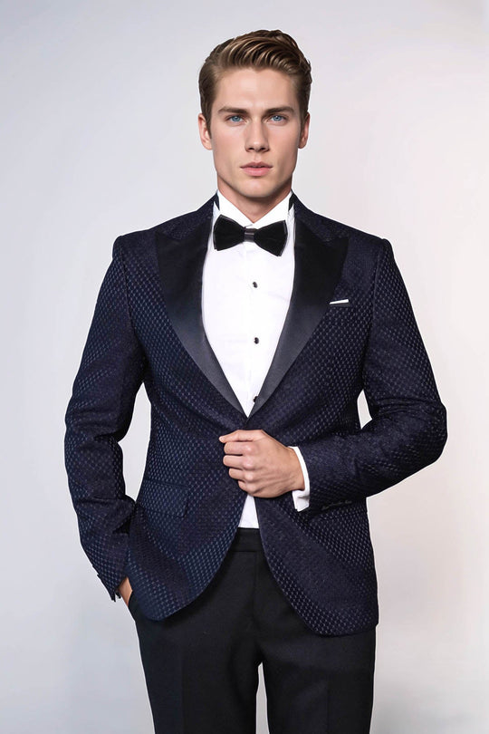 Satin Peak Lapel Textured Men's Navy Blue Tuxedo Jacket | Wessi Wessi - Discover Diversity Satin Peak Lapel Textured Men's Navy Blue Tuxedo Jacket | Wessi Wessi - Discover Diversity