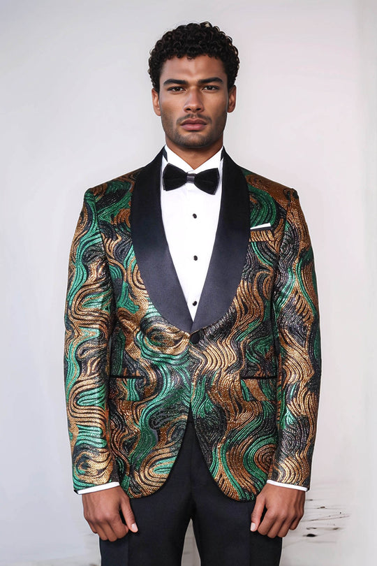 Blazer de graduación para hombre con estampado dorado y verde sobre negro - Wessi