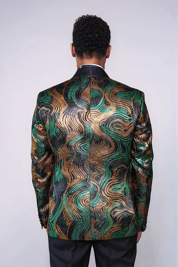 Blazer de graduación para hombre con estampado dorado y verde sobre negro - Wessi