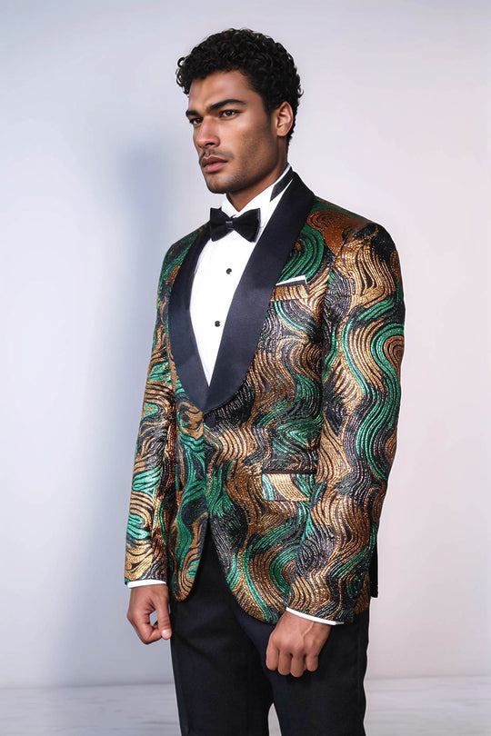 Blazer de graduación para hombre con estampado dorado y verde sobre negro - Wessi