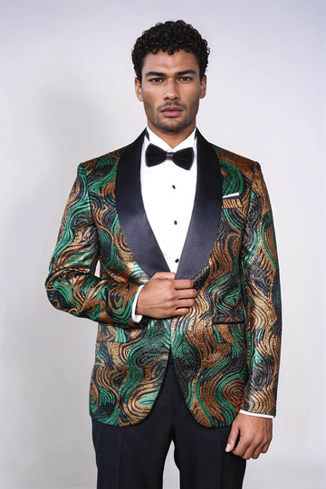 Blazer de graduación para hombre con estampado dorado y verde sobre negro - Wessi