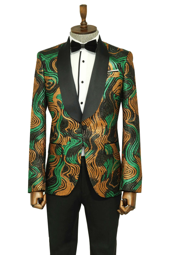 Gold-Green Patterned Over Black Men Prom Blazer - Wessi