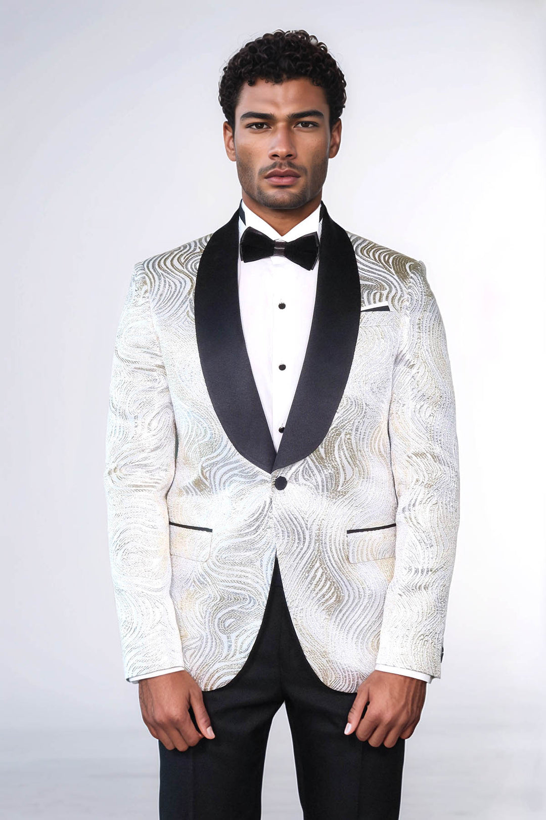 Gold Patterned Over White Men Tuxedo Blazer - Wessi
