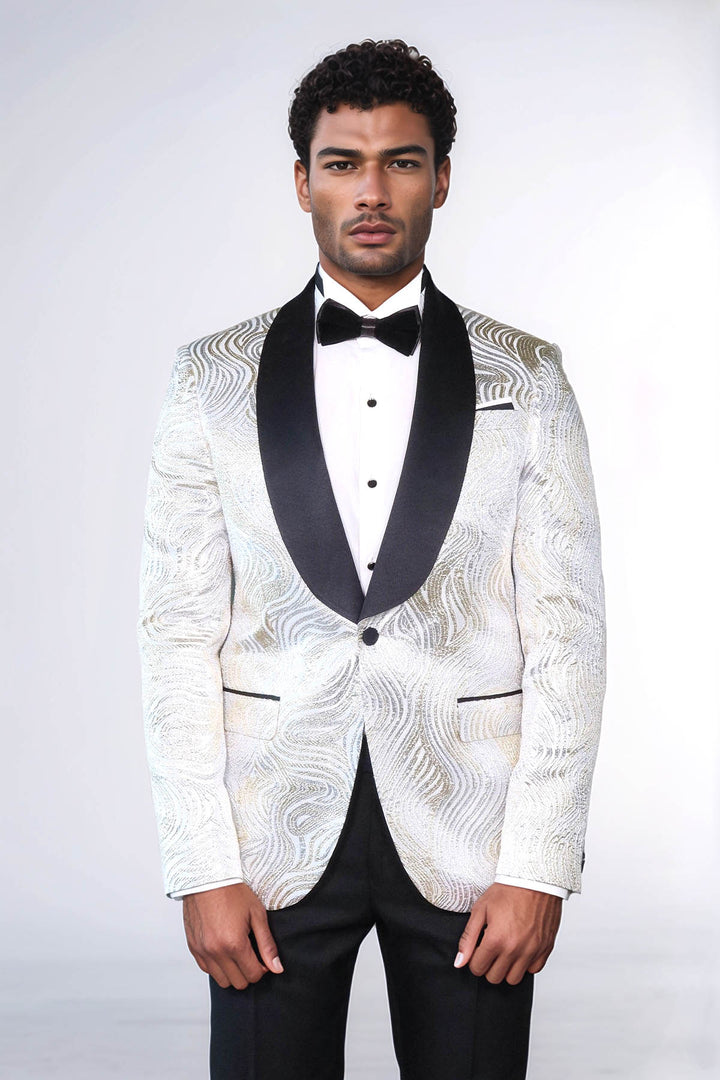 Gold Patterned Over White Men Tuxedo Blazer - Wessi