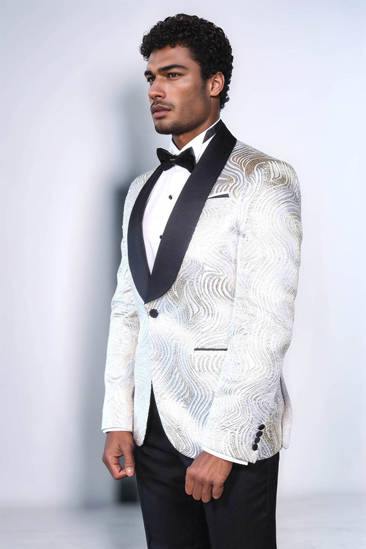 Gold Patterned Over White Men Tuxedo Blazer - Wessi