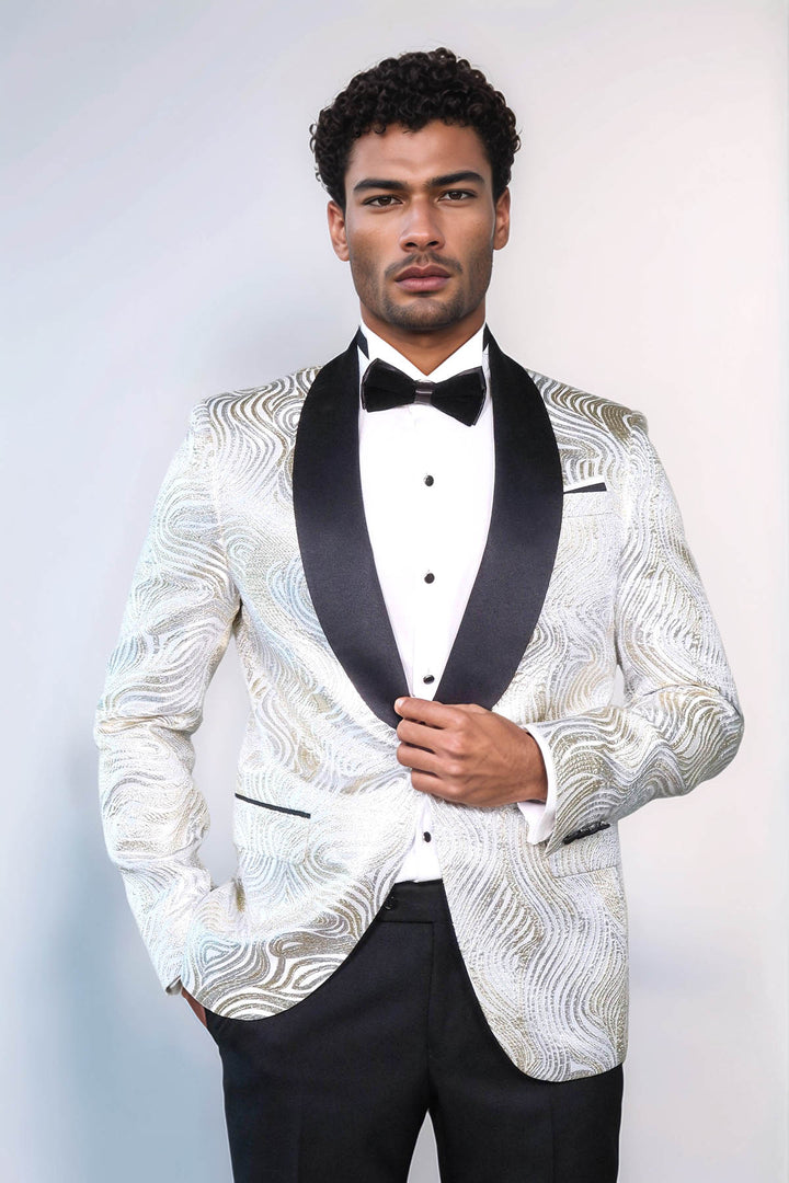 Gold Patterned Over White Men Tuxedo Blazer - Wessi