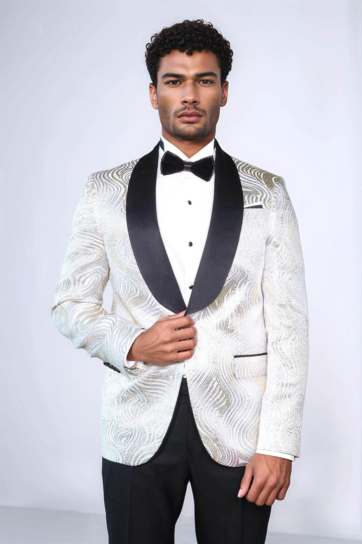 Gold Patterned Over White Men Tuxedo Blazer - Wessi