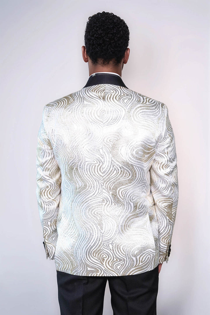 Gold Patterned Over White Men Tuxedo Blazer - Wessi