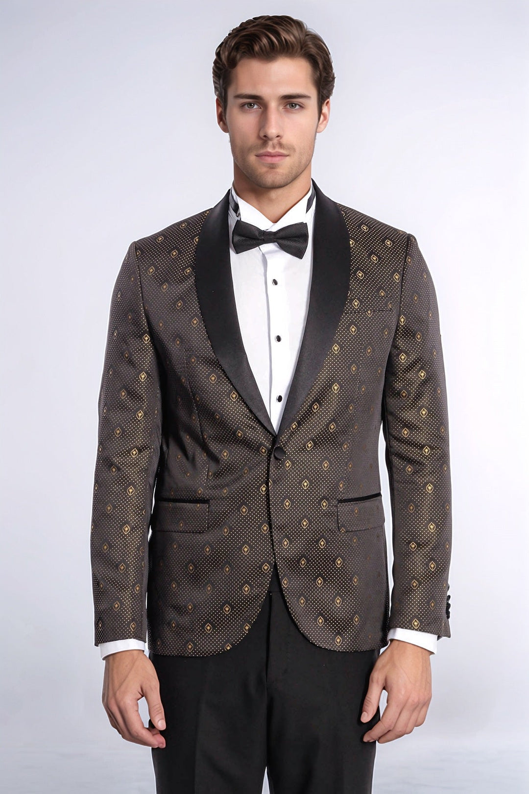 Shawl Lapel Gold Dot Patterned Over Black Men Tuxedo Blazer - Wessi