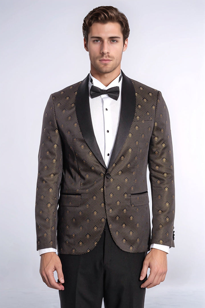 Shawl Lapel Gold Dot Patterned Over Black Men Tuxedo Blazer - Wessi