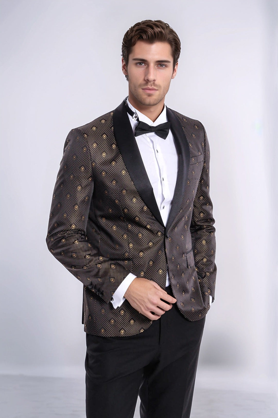 Shawl Lapel Gold Dot Patterned Over Black Men Tuxedo Blazer - Wessi
