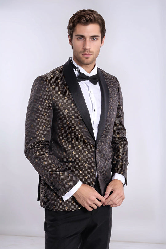 Черный мужской пиджак-смокинг с золотым узором в горошек и лацканами с шалью - Wessi