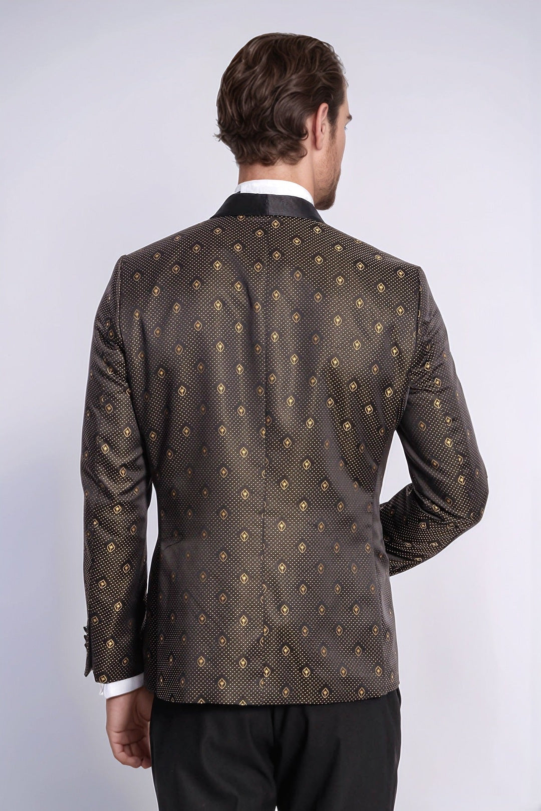 Shawl Lapel Gold Dot Patterned Over Black Men Tuxedo Blazer - Wessi