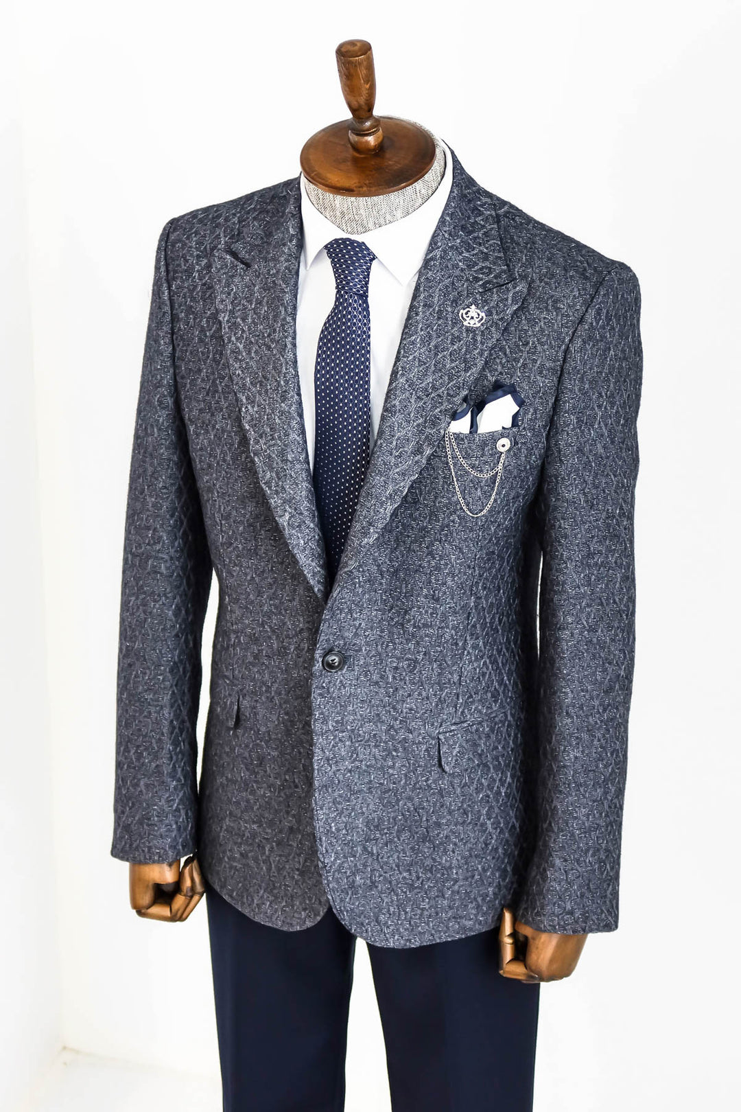 Wool Patterned Slim-Fit Navy Blue Men Blazer - Wessi