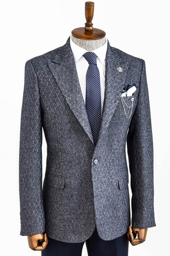 Wool Patterned Slim-Fit Navy Blue Men Blazer - Wessi