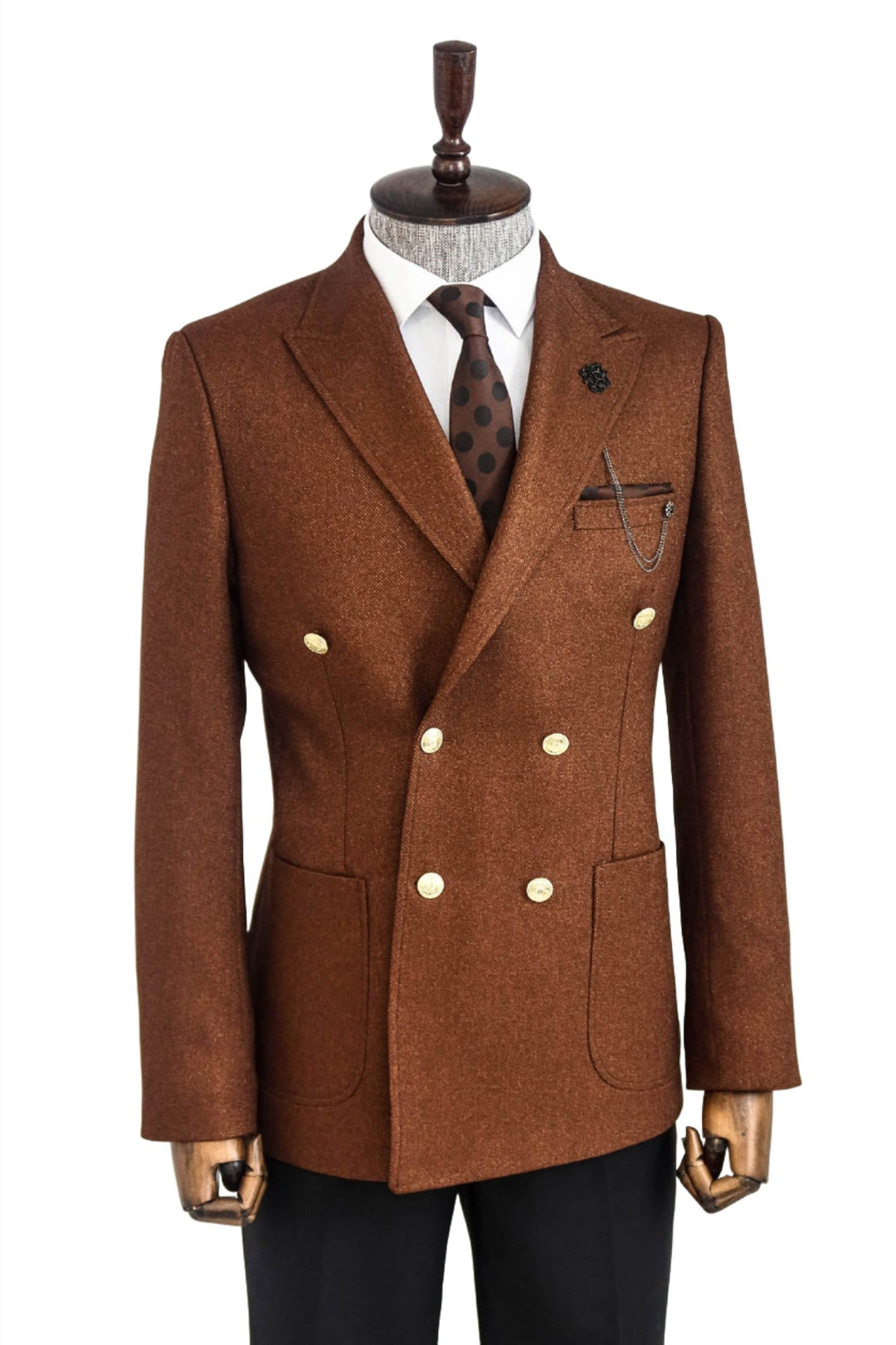 Double Breasted Slim Fit Brown Men Blazer - Wessi