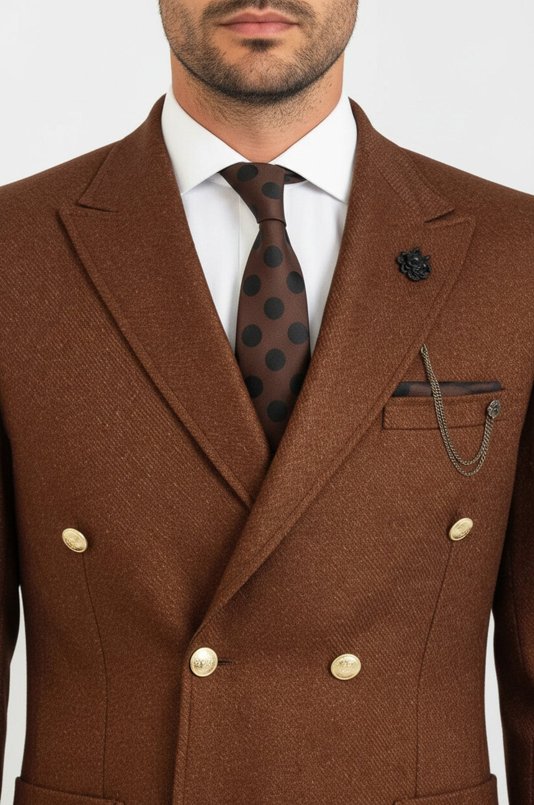 Double Breasted Slim Fit Brown Men Blazer - Wessi