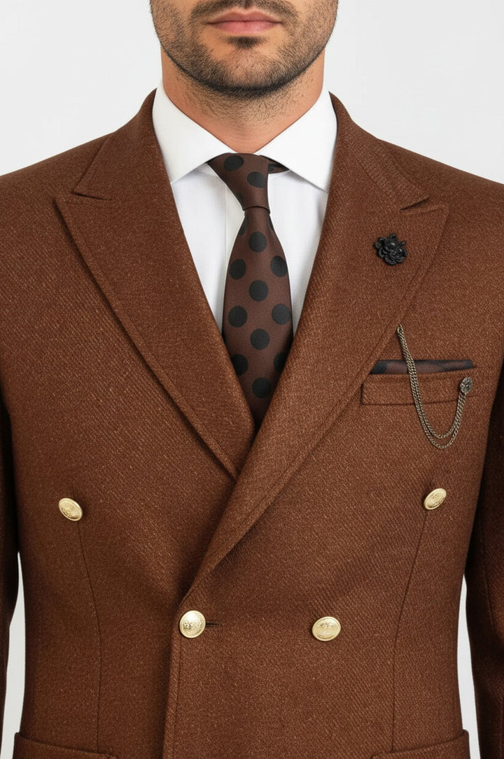 Double Breasted Slim Fit Brown Men Blazer - Wessi