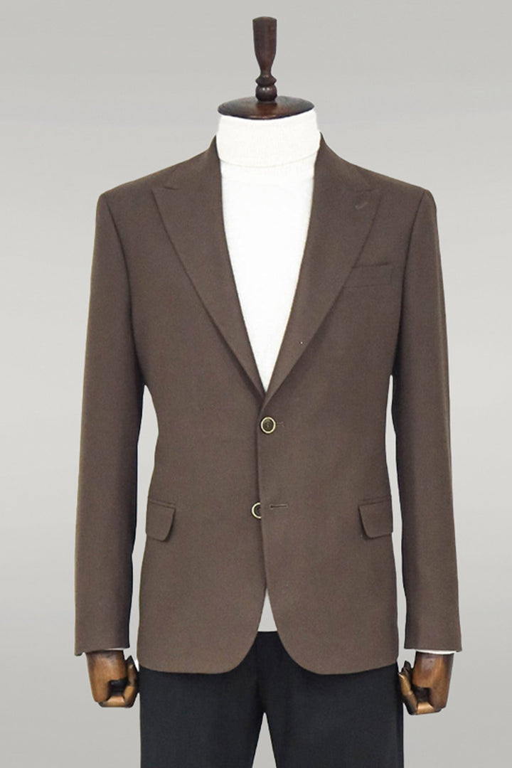 Brown Slim Fit Blazer, Brown Knitwear, and Plaid Patterned Trousers Combination - Modern Office Style - Wessi