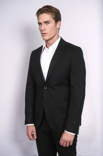 Textured Slim Fit Notch Lapel Black Men Blazer - Wessi