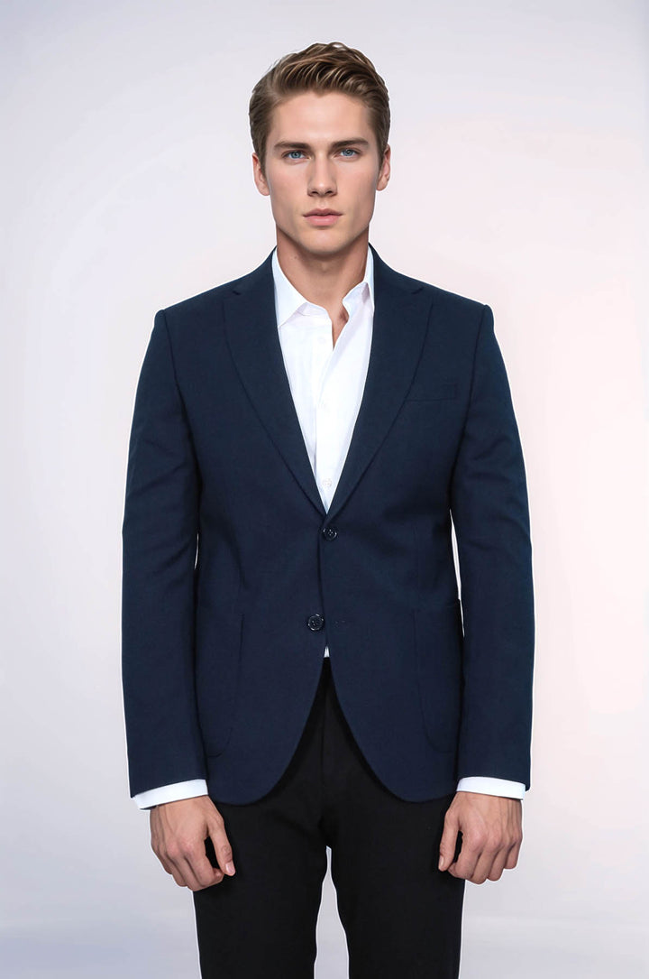 Textured Slim Fit Peak Lapel Navy Blue Men Blazer - Wessi