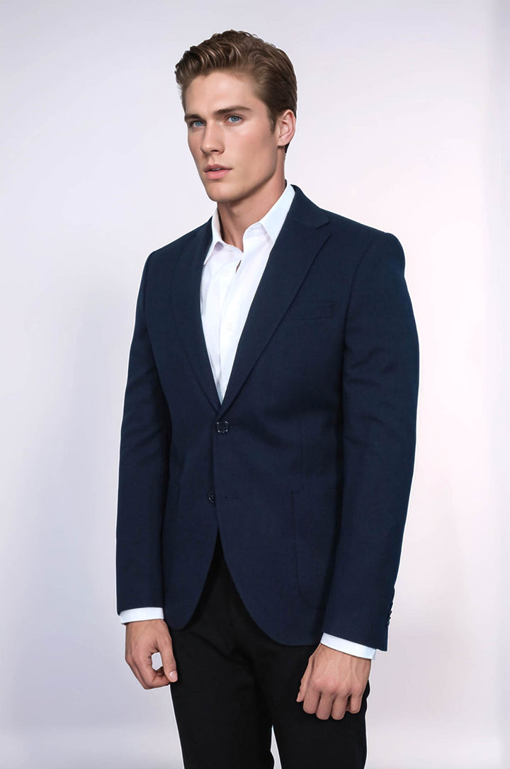 Textured Slim Fit Peak Lapel Navy Blue Men Blazer - Wessi
