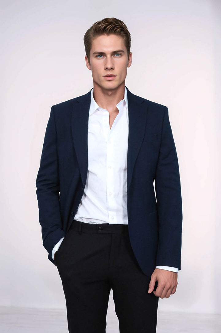 Textured Slim Fit Peak Lapel Navy Blue Men Blazer - Wessi